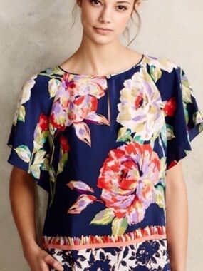 Anthropologie Maeve Gardenia floral silk blouse